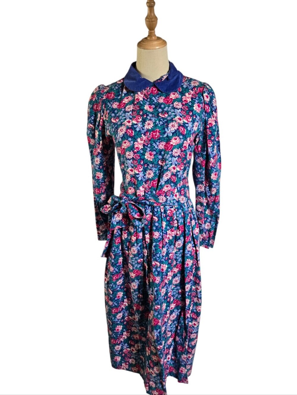 Laura Ashley Vintage Blue Floral Long Sleeve Midi Dress with Corduroy Collar